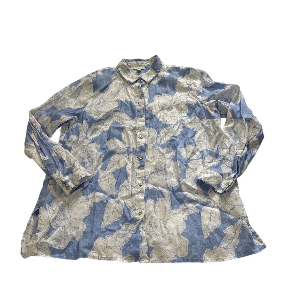 J.Jill Womens Large Everyday Linen Button-Front Shirt Floral Lagenlook Beachy - Picture 2 of 8